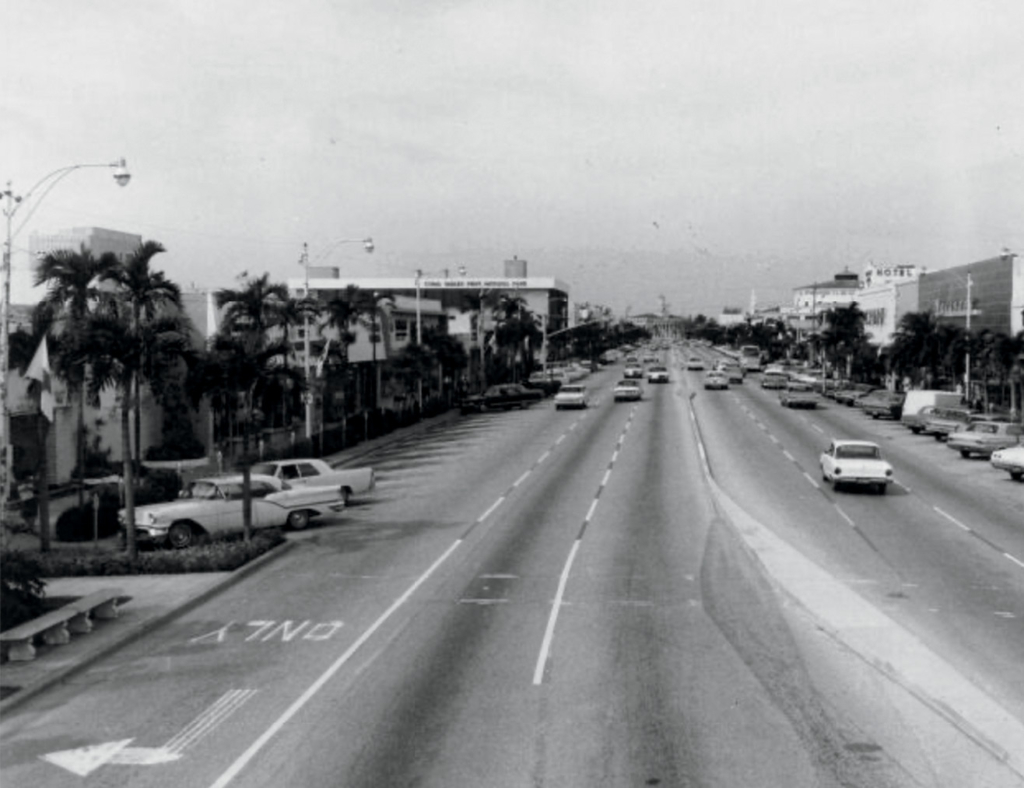 Wide-angle black and white view of Miracle Mile in the 1960s, featuring multiple lanes of traffic, lined palm trees, mid-century cars, and Coral Gables City Hall visible in the distance.